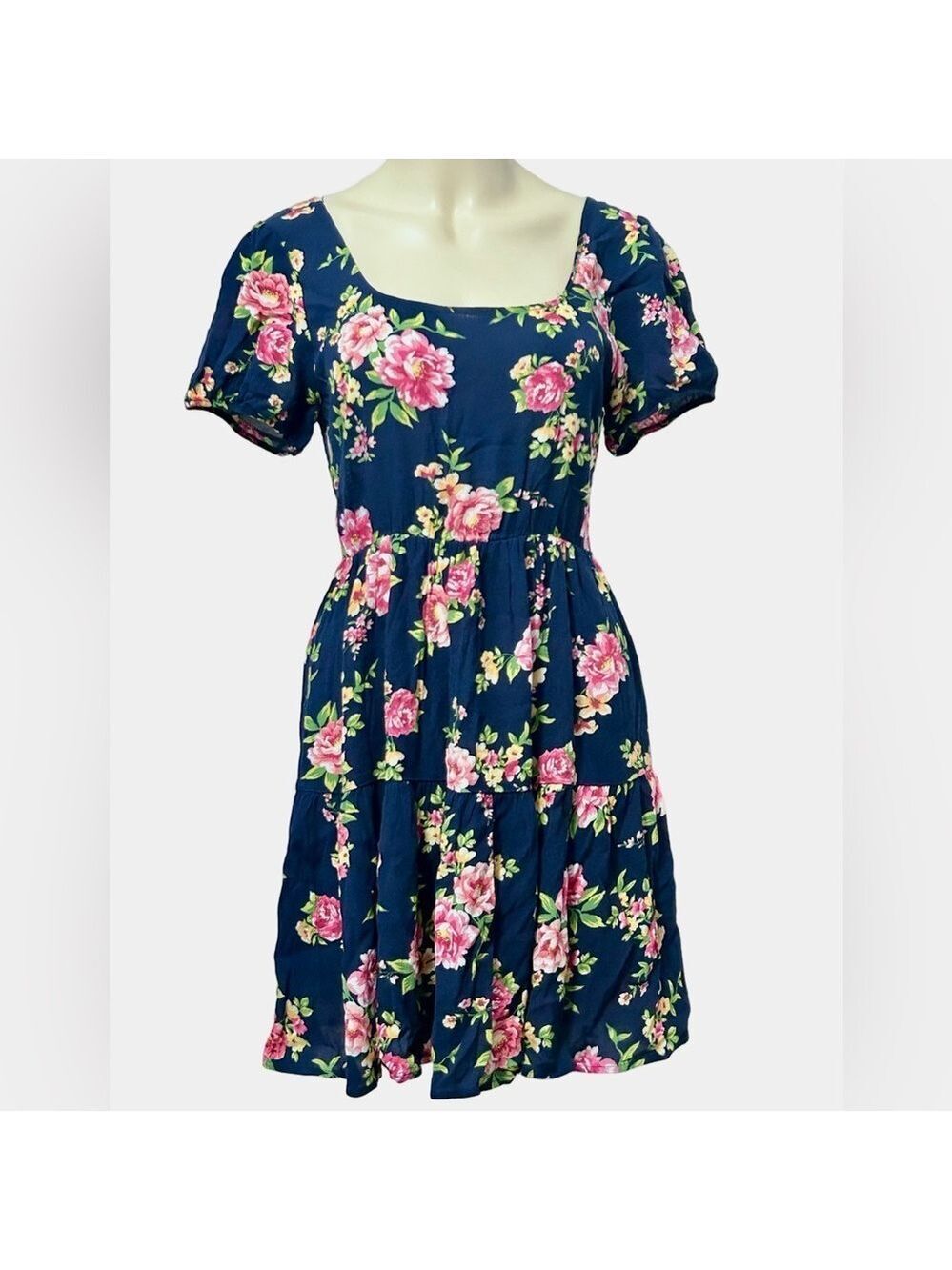 Ambiance Blue Floral Boho Square Neck Pleated Dress Size L